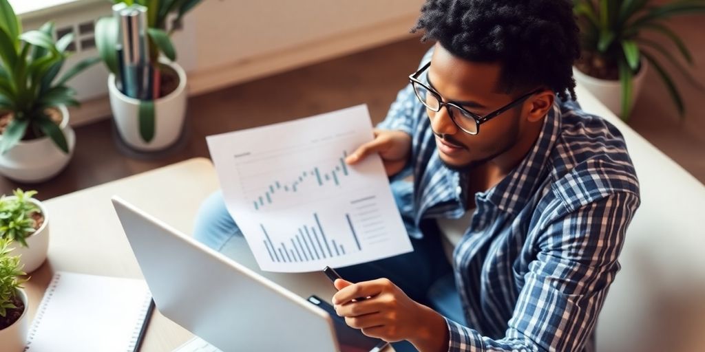 Junger Erwachsener plant Finanzen mit Laptop und Notizen.