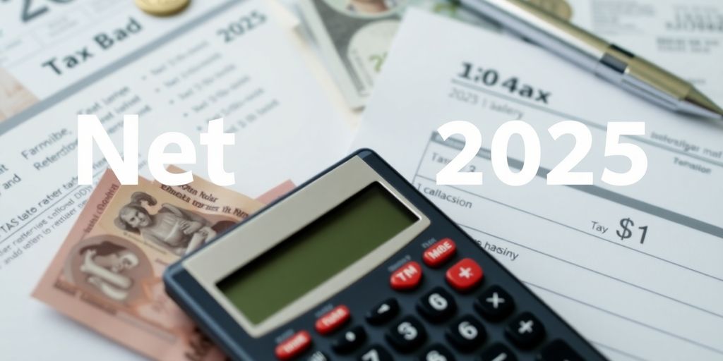 Kalkulator, Geld und Steuerdokumente auf einem Tisch.