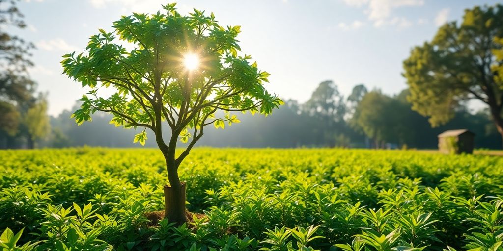 Wachsender Baum in blühender Landschaft für nachhaltigen Erfolg.