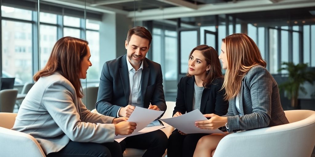 Financial advisor consulting clients in a Berlin office.