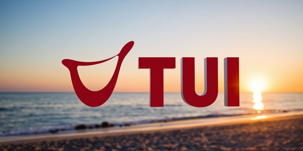 TUI-Logo vor einem ruhigen Strand bei Sonnenuntergang.