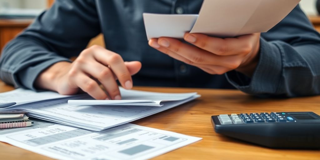 Besorgte Person mit Finanzdokumenten und Rechnungen.