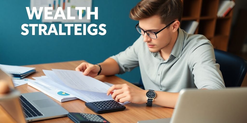 Junge Person analysiert Finanzen am Schreibtisch.