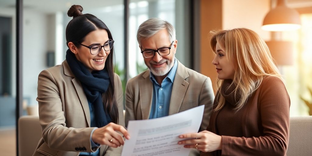 Financial advisor consulting a couple in a modern office.