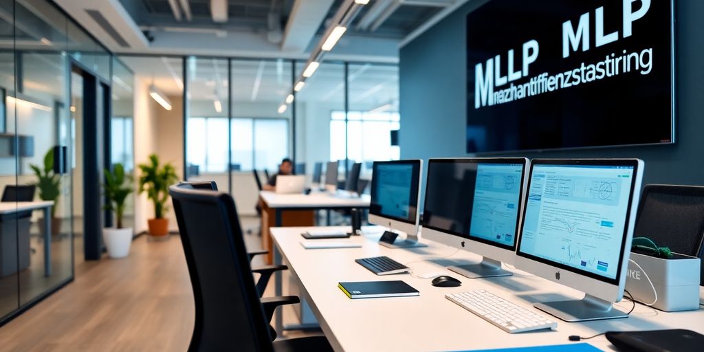 Professionelles Büro mit modernem Schreibtisch und Technologie.