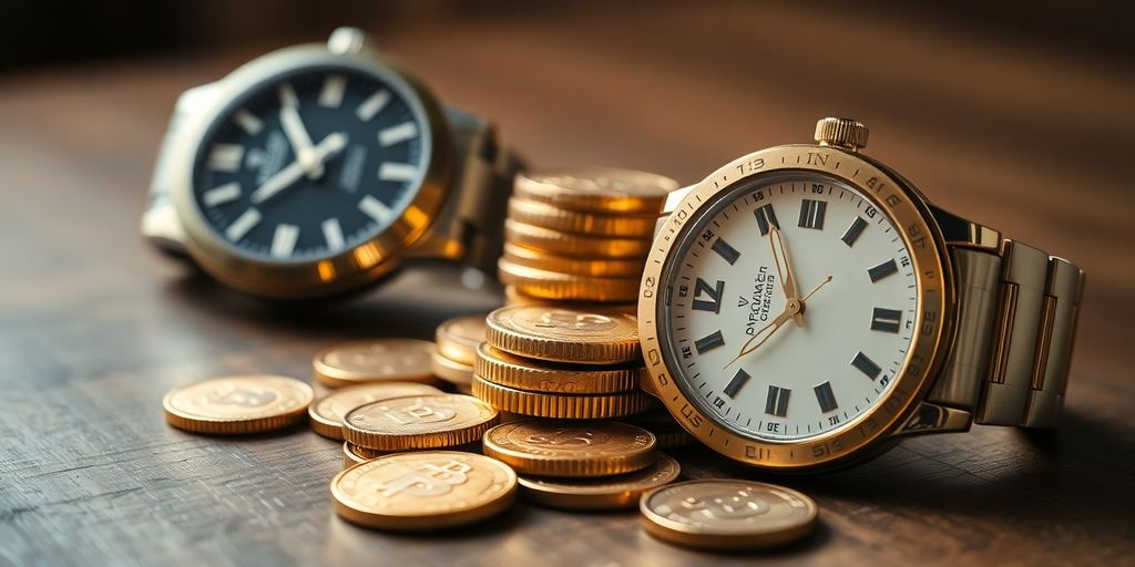 Ein Haufen Goldmünzen und eine luxuriöse Uhr.