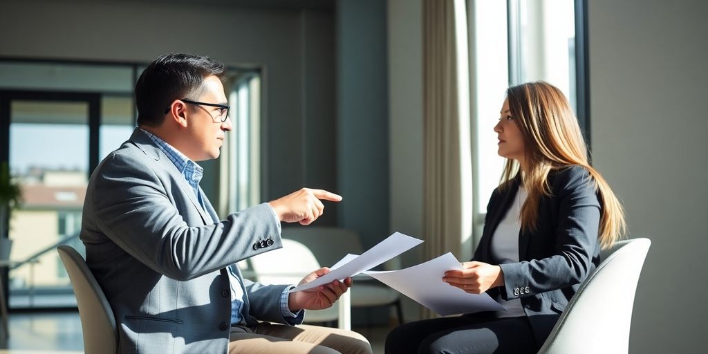 Financial advisor meeting with client in an office.