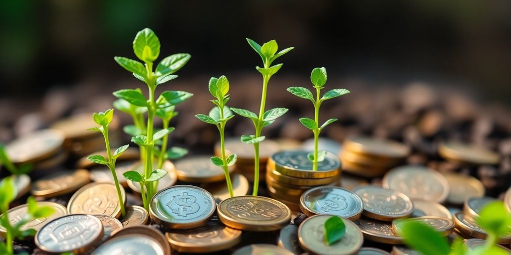 Grüne Pflanzen wachsen zwischen Münzen für nachhaltige Investitionen.
