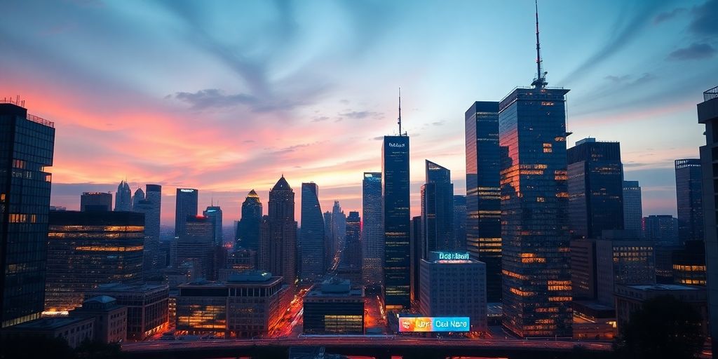 Städtische Skyline mit modernen Gebäuden und Lichtern.