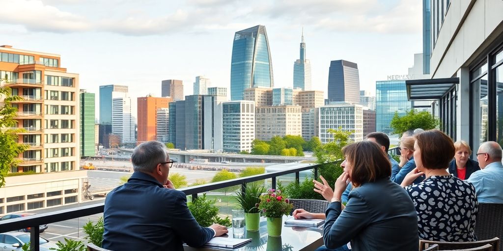 Diverse expats discussing finance in Germany's financial district.
