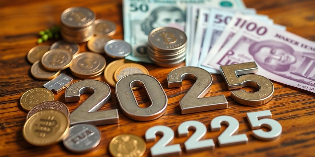 Vielfältige Münzen und Banknoten auf einem Tisch
