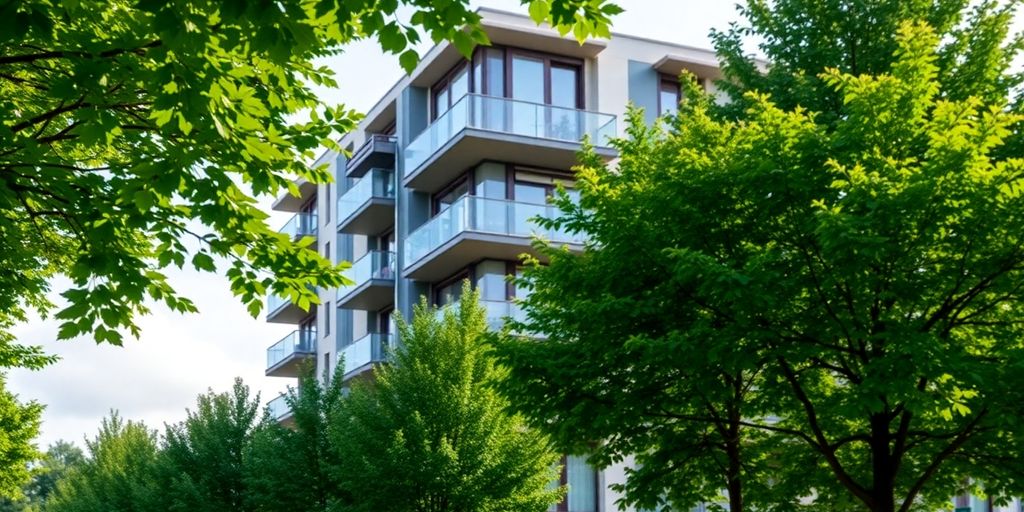 Modern German apartment building set in a green environment.