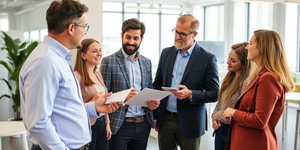 Consultant with diverse expats in a modern office setting.