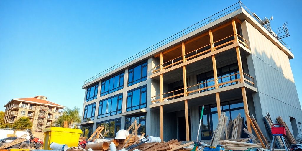 13330466thumbnail Modernes Gebäude im Bau mit Materialien und Werkzeugen.