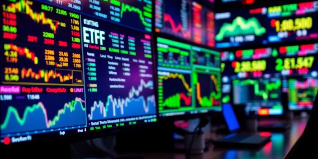 Detailaufnahme eines Handelsplatzes mit ETFs und Aktien.