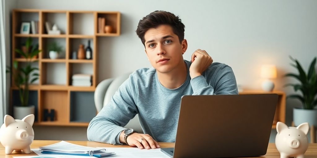 Junge Erwachsene am Schreibtisch mit Finanzen und Laptop.