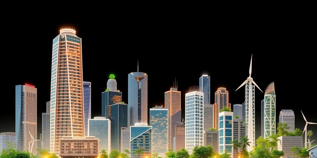 Futuristische Stadt mit modernen Gebäuden und nachhaltiger Energie.