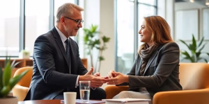 Financial advisor meeting with a client in an office.