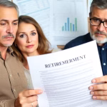 Couple looking confused over retirement plan documents.