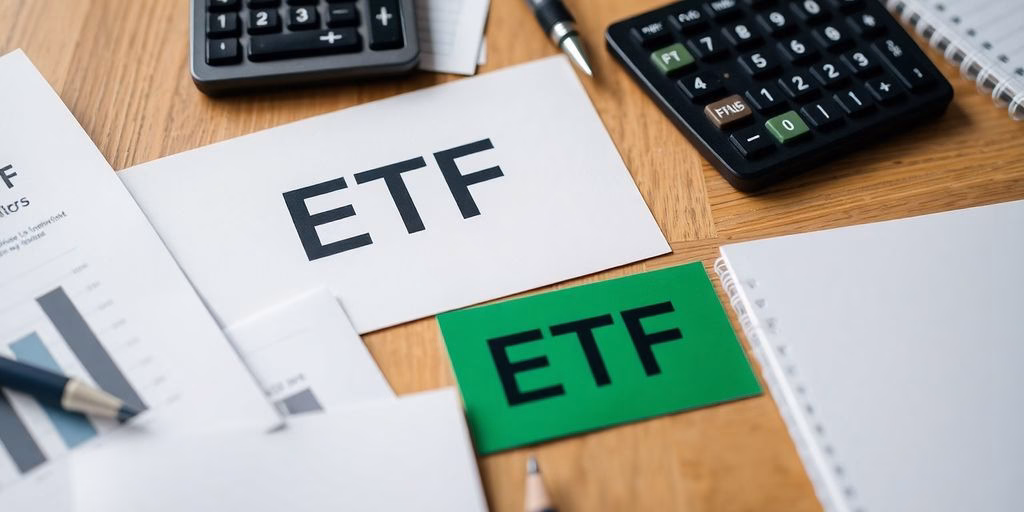 Diverse ETF-Materialien auf einem Tisch arrangiert.