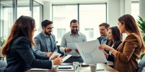 Investors discussing strategies in a modern office setting.