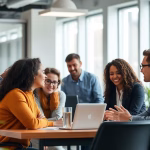 Diverse Mitarbeiter im Büro, Teamarbeit und positive Interaktionen.