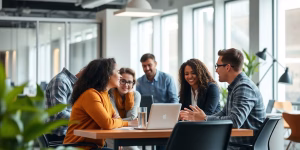 Diverse Mitarbeiter im Büro, Teamarbeit und positive Interaktionen.