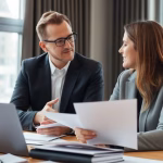 Financial advisor consulting client in Berlin office.