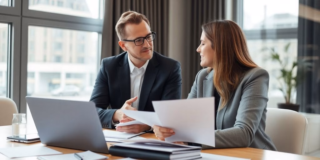 Financial advisor consulting client in Berlin office.