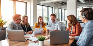 Expats discussing investments in a bright office setting.