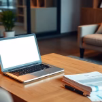 Elegantes Arbeitszimmer mit modernen Möbeln und Laptop.