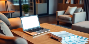 Elegantes Arbeitszimmer mit modernen Möbeln und Laptop.